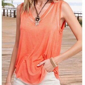 La Miel Coral Orange Sleeveless V-Neck Mineral Wash Top Small